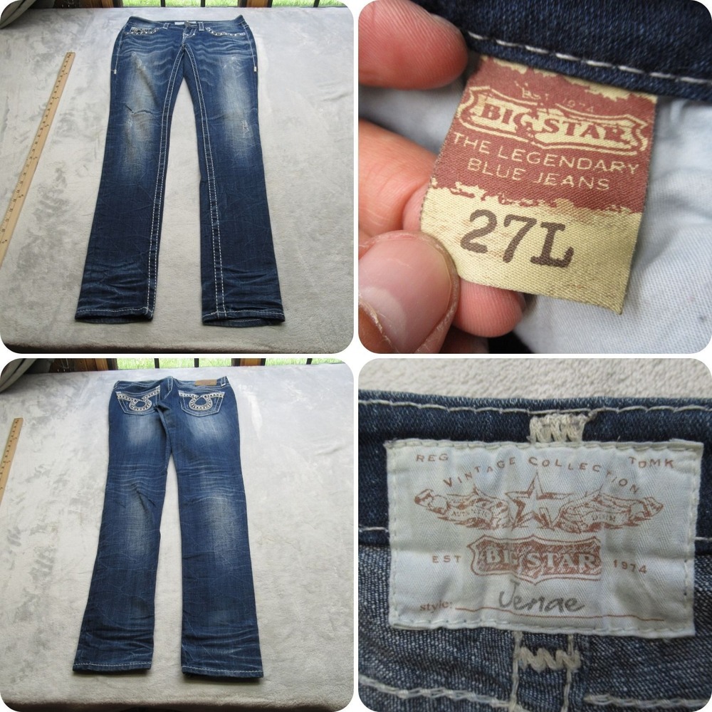 Big Star Jeans Womens 31X33 Dark Wash Denim Embellished Pockets Zip Fly Straight